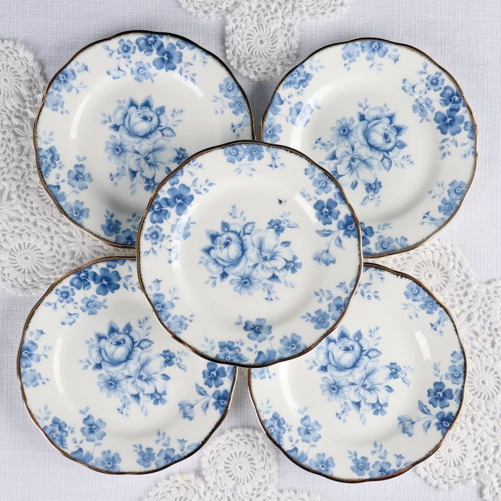 Vintage Royal Albert Paradise Bue Bread & Butter Plates Set of 5 Rare Find!